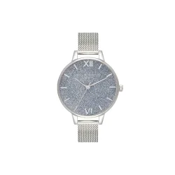 Olivia burton Glitter Dial Qtz Basic Silver Round Dial Womens Watch|Stainless Steel Material|Silver Color Band - OB16GD