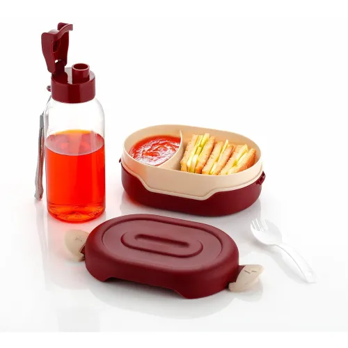 Image of OLMARTT KITCHENWARE Portable Lunch Box Set with Water Bottle, 2 Compartments, Leak-Proof Design, Multicolour