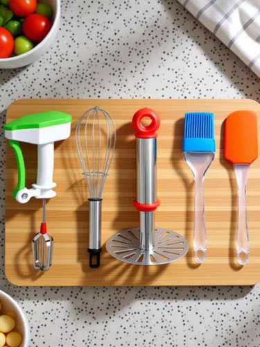 Image of OMORTEX Masher Whisk Spatula & Brush (Pack Of 5) Kitchen Tool Set