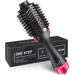One Step Hair Dryer Brush - Hot Air Brush Hair Dryer & Volumizer | Heat Settings | Hair Straightener & Styler Brush for Fast Drying, Smoothening & Salon Blowout | Black & Pink