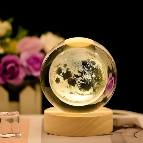 Image of One94Store 3D Crystal Moon Lamp – Engraved Crystal Ball LED Night Light with Wooden Base