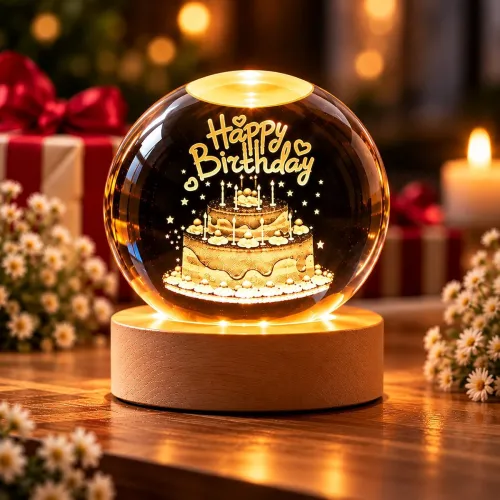 Image of One94Store Happy Birthday 3D Crystal Ball Night Lamp with Wooden Base