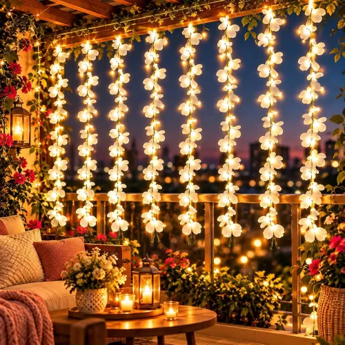 Image of One94Store White Artificial Flower Curtain LED String Lights