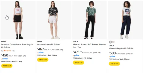 Image of ONLY Women's Cotton Fit T-Shirt Starting Prize @ ₹450