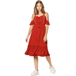 ONLY Womens Red Gathered and Tiered Cold-Shoulder Midi Dress