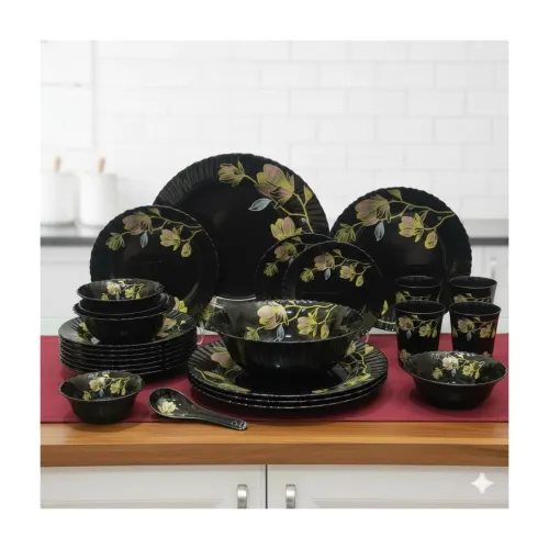 Image of Opalware Divine Black 33 Pcs Dinner Set Serving for 6 |Daily Use Opal Glass Crockery Set |