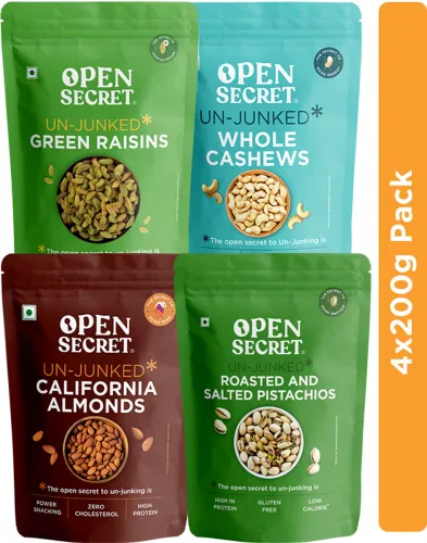 Image of OPEN SECRET Premium Dry Fruits Combo Badam Almonds, Cashews, Pistachios, Kishmish Raisins Assorted Nuts (4 x 200 g)