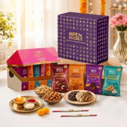 OPEN SECRET Rakhi Gift Hamper for Brother | 12 Cookies, 4 Flavoured Nuts, 2 Rakhis & Card Assorted Gift Box (Purple)