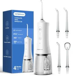 Operan Water Flossers for Teeth Cleaning Upgraded 300ml Cordless Water Dental Flossers Rechargeable Oral Irrigator with 4 Modes 4 Jet Tips IPX7 Waterproof Water Floss for Home Travel (White)...