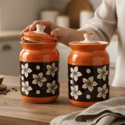 Orange Ceramic Handglazed Pickle Jars Set of 2-1000 ML Each | 1 kg Achaar Martban Barni Jar with Lid | Ceramic Storage Jar Container Pickle, Chatney