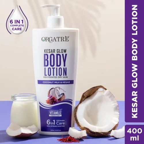 Image of Orgatre Body Lotion 6in1 Care, Kesar Glow with Vitamin-E, 24 hr Intense Deep Moisturizer  (400 ml)