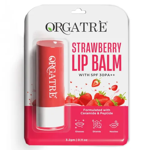 Image of ORGATRE Strawberry Lip Balm for women 3.2gm | SPF 30 PA++ | Lip Balm for Dark Lips, Pigmentation, Dry & Chapped Lips | C
