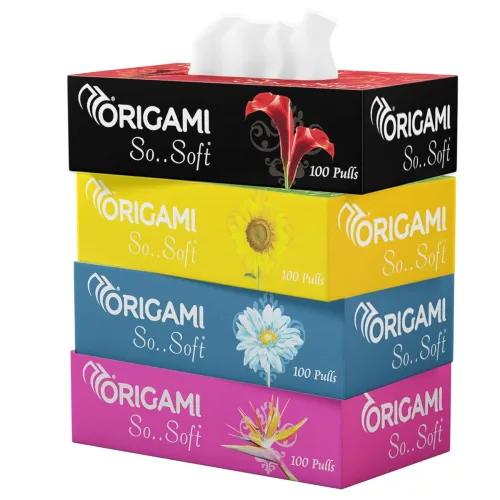 Image of Origami 2 Ply Facial Tissue Box | Car Tissue - Pack of 4 (100 Pulls Per Box, 400 Sheets (800 sheets)