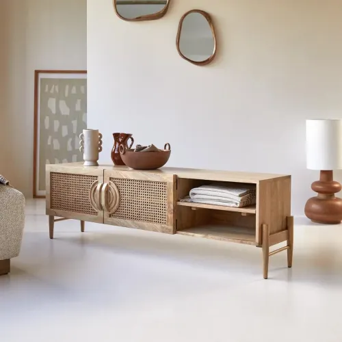 Image of Osho Rattan Solid Wood TV Unit for Living Room Pure Mango Wood Entertainment Cabinet