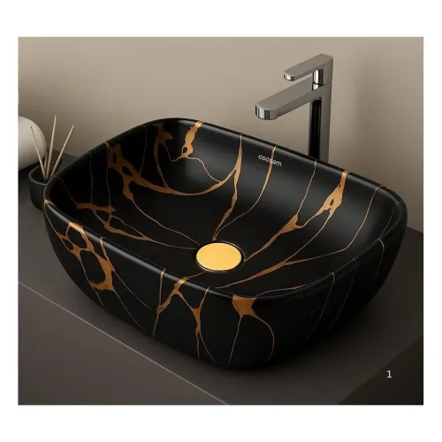 Image of OSOSAM Premium Black-Golden Ceramic Wash Basin