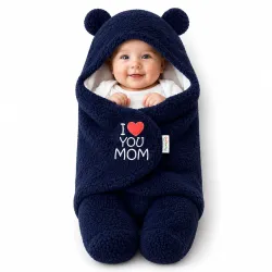 OYO BABY Newborn Baby Hooded Swaddle Wrap – Sherpa Wearable Sleeping Bag Blanket with Bear Ears, I Love You Mom Embroidery (0-6 Months, 72x68 cm, Dark Blue)