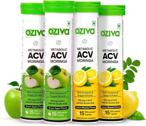 Image of OZiva ACV Moringa (Green Apple - Lemon Masala) To Control Cravings, No Maltodextrin (4 x 15 Tablets)