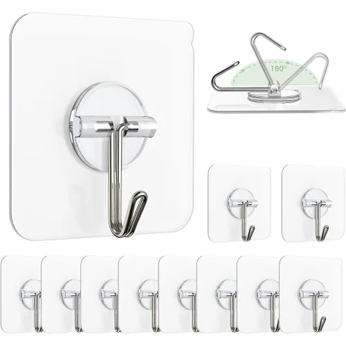 Image of Pack of 10 Self Adhesive Wall Hooks Heavy Duty Transparent