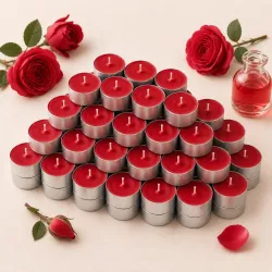 Click to enlarge Pack of 50, Tea Rose Scented Tealights | 3.5 hr Burn Time | Red Color
