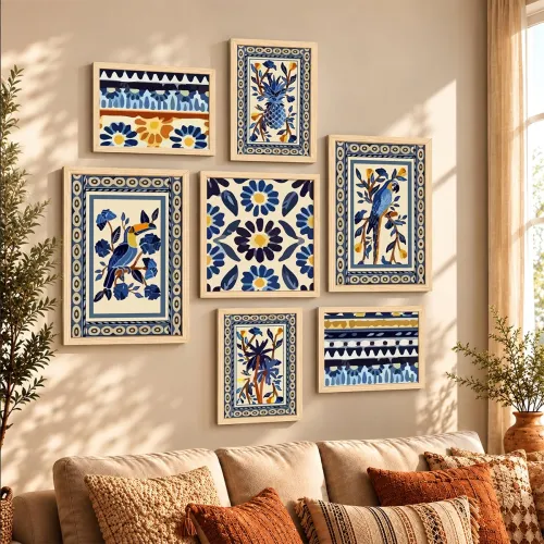 Image of PAINTINGMANTRA Set of 7 Indian Wall Art Prints of Blue Birds