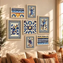 PAINTINGMANTRA Set of 7 Indian Wall Art Prints of Blue Birds