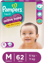 Pampers Active Baby Taped Diapers with Adjustable Fit - M (62 Pieces)