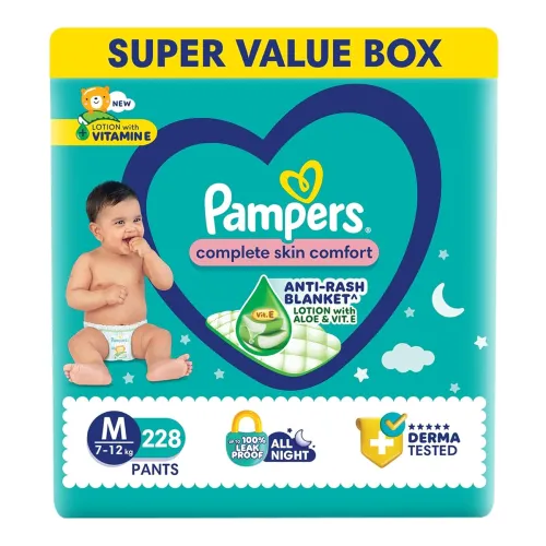 Image of Pampers Complete Skin Comfort Pants | Pant style Diaper Medium, 228 count | Anti-Rash blanket lotion with Vit E and Aloe
