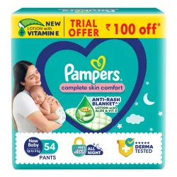Pampers Complete Skin Comfort Pants, Anti-rash blanket, Lotion with Vitamin E & Aloe Vera, New Born/X-Small (NB/XS), 54 