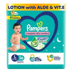 Pampers Complete Skin Comfort Pants, Anti-rash blanket, Lotion with Vitamin E & Aloe Vera, Large size baby Diapers, (L) 