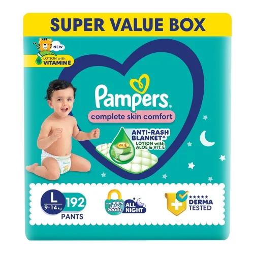 Image of Pampers Complete Skin Comfort Pants| Pant style Diaper Large, 192count| Anti-Rash blanket lotion with Vit E and Aloe Ver