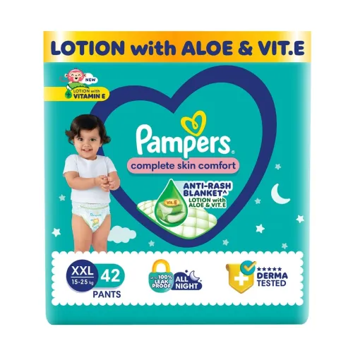 Image of Pampers Complete Skin Comfort Pants, Anti-rash blanket, Lotion with Vitamin E & Aloe Vera,Double Extra Large size baby d