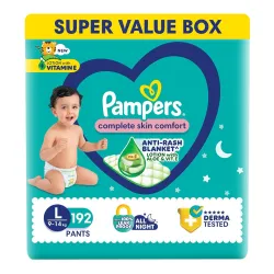 Pampers Complete Skin Comfort Pants| Pant style Diaper Large, 192count| Anti-Rash blanket lotion with Vit E and Aloe Ver