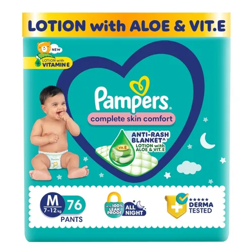 Image of Pampers Complete Skin Comfort Pants, (M) 76 Count, Anti-rash blanket, Lotion with Vitamin E & Aloe Vera, Medium, 7-12kg