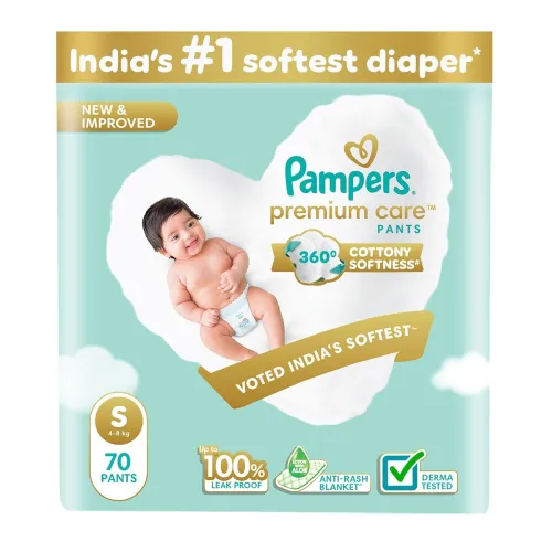 Image of Pampers Premium Care Pant Style Baby Diapers | Small (S size) | 70 Count | Voted India's Softest | All-in-1 with 360 Cot