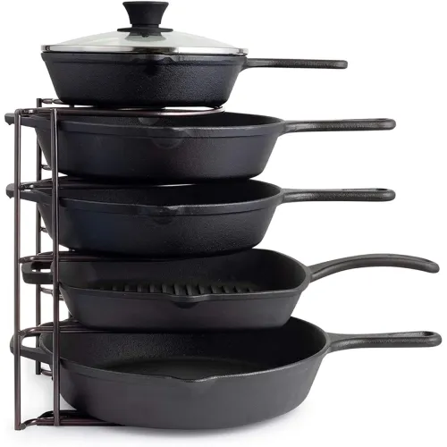 Image of Pan Organizer, Extra Large 5 Tier Shelf - Holds Cast Iron Skillets, Dutch Oven, Griddles Durable Space Saving Kitchen St