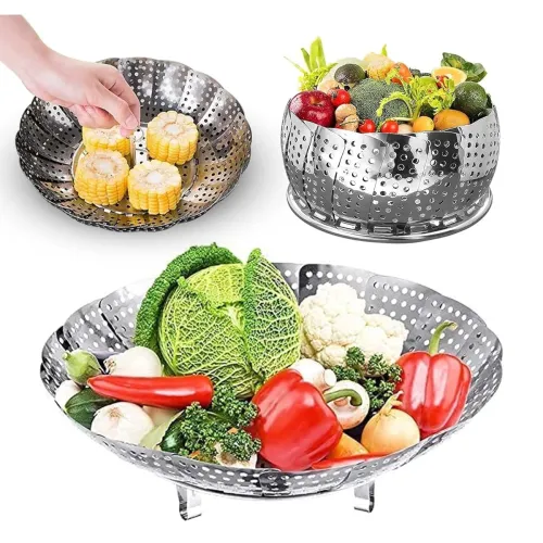 Image of PANCA Stainless Steel Vegetable Fruit Steamer Punching Food Drain Bowl Basket Stainless Steel Steamer (Steamer Basket), 