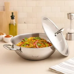 Parage Tripure Triply Stainless Steel Kadai with Lid 28cm, 4 LTR 
