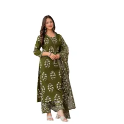 PARTHVI Women's Pure Cotton Printed Straight Kurta Set with Palazzo Pants & Dupatta- Ethnic Wear, Green