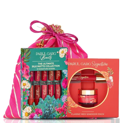 Image of Parul Garg Beauty Festive Shringar Gift Pack | Sindoor, 10-in-1 Silk Matte Lipsticks & Hot Pink Potli | Festival Gift Se