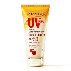 Patanjali UV Pro Advance Sun Defence Cream SPF 50 PA+++50g, Dry Touch, Non-Oily, Non-Sticky Sunscreen for All Skin Types, Ayurvedic Sunblock, Broad Spectrum UVA/UVB Protection Pack of 1