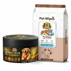 Paw Cream 30g + Pet Wipes 100 Sheets Combo | Moisturizing Paw Balm with Peppermint Oil & Mango Butter | Cleaning Wipes for Dog | Daily Grooming Care for Paws, Coat, Dirt Removal & Hygiene