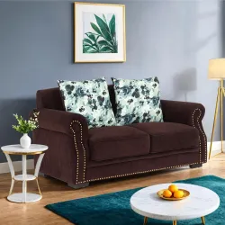 Peachtree Alton 2 Seater Sofa with Velvet Printed 2 Pillows for Living Room, Mango Wooden Frame & Iron Leg| Malfino Fabric Sofa for Dining Room, Hall, 3 Year Warranty | Padded Armstyle (Dark...