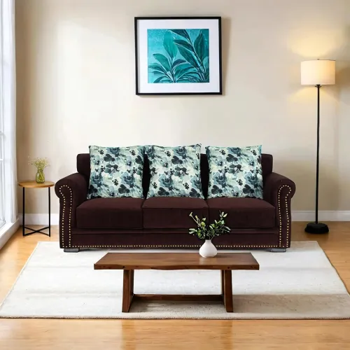 Image of Peachtree Alton 3 Seater Sofa with Velvet Printed 3 Pillows for Living Room, Mango Wooden Frame & Iron Leg | Malfino Fab