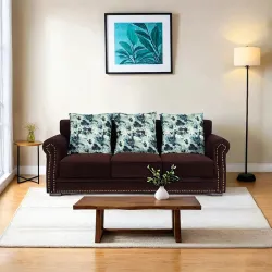 Peachtree Alton 3 Seater Sofa with Velvet Printed 3 Pillows for Living Room, Mango Wooden Frame & Iron Leg | Malfino Fab
