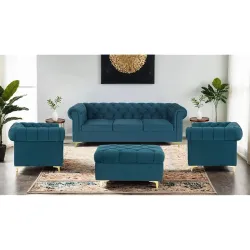 Peachtree Chesterfield 3 Seater Rectangular Shape Sofa for Living Room | 3 Year Warranty | Velvet Couch for Dining Room | with Mango Wooden Frame | Rolled Armstyle (Green)