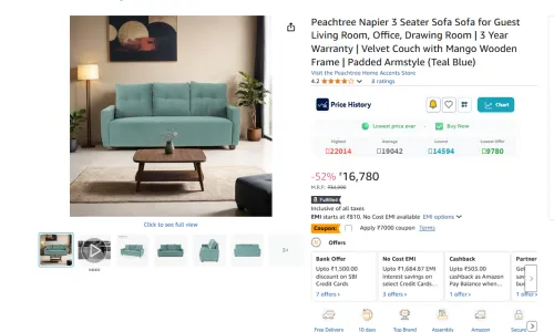 Image of Peachtree Napier 3 Seater Sofa (Teal Blue)