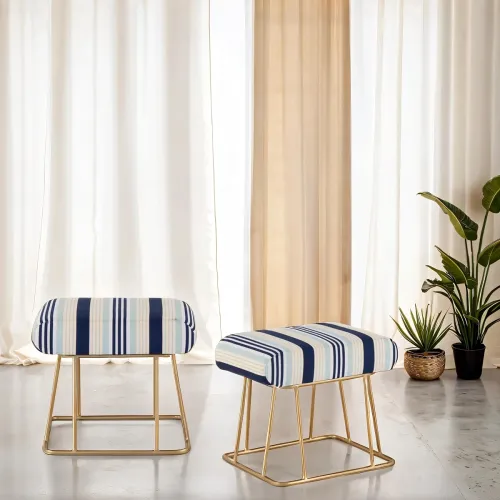Image of Peachtree Square Printed Velvet & Iron Frame Stool - Puffy Ottoman Set