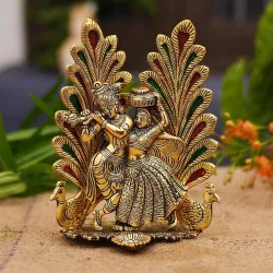 Collectible India Peacock Design Radha Krishna Idol Showpiece with Diya for Puja and Home Decor (7 x 5 Inches), Metal, Gold (1 Piece)