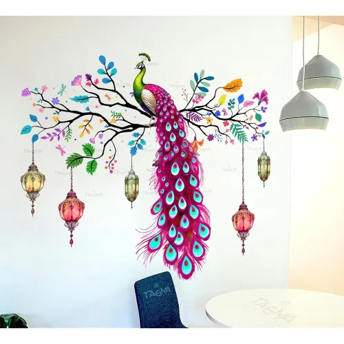 Image of Peacock Wall Sticker Vinyl, Colourful Wall Art Decal with Hanging Lanterns, Decorative Sticker for Living Room, Multi-Co