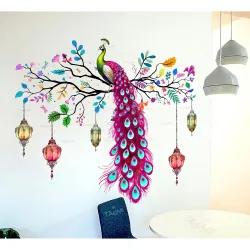 Peacock Wall Sticker Vinyl, Colourful Wall Art Decal with Hanging Lanterns, Decorative Sticker for Living Room, Multi-Co